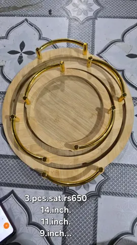 3 pcs round gold handle tray set 11″14″9″