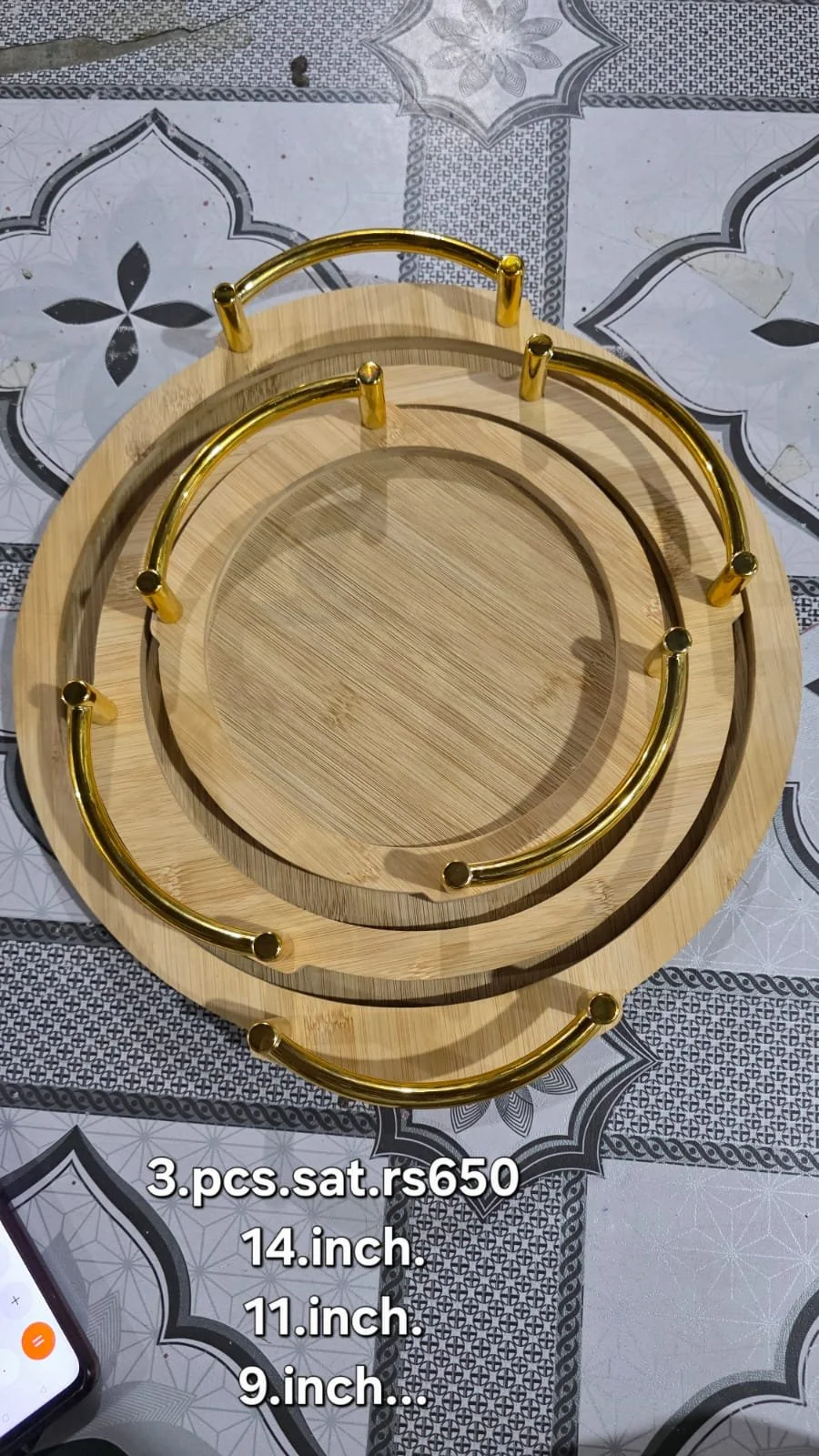 3 pcs round gold handle tray set 11″14″9″