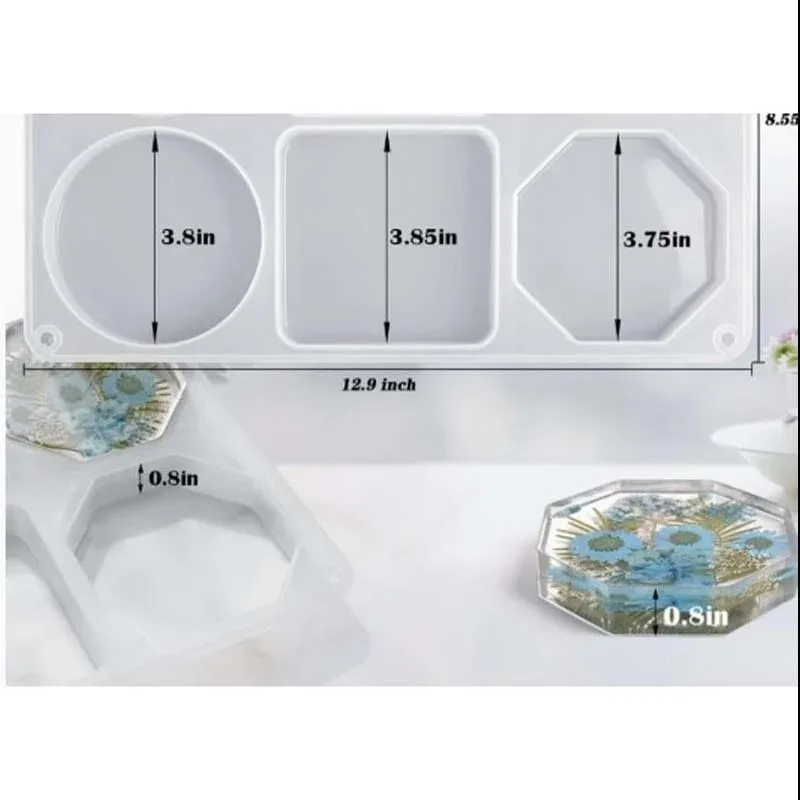 3 inch coaster mould ,round 3.8 inch,  square 3.8 inch, hexagon 3.75 inch, 149grm, 20mm depth, lenth-32.5cm, width-11.5cm